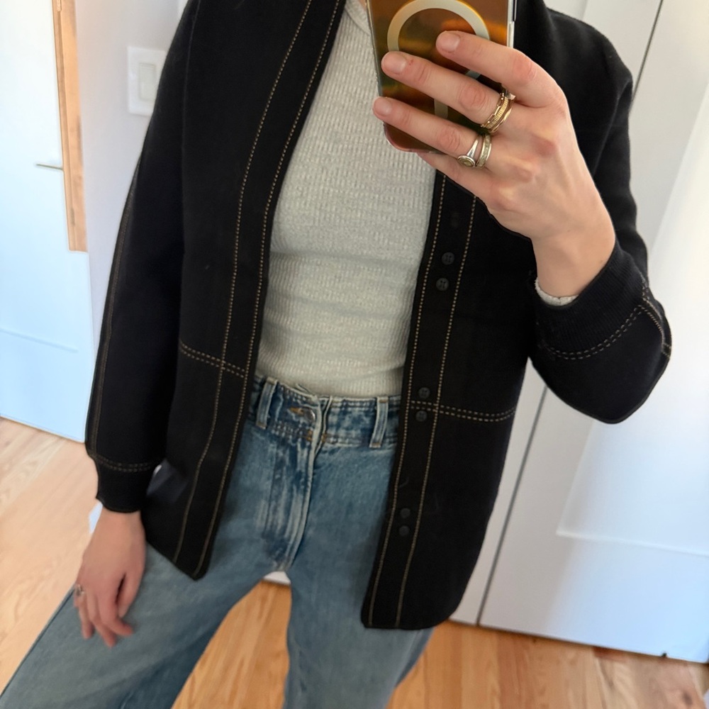 Tribal Black Blazer Cardigan with Tan Stitching